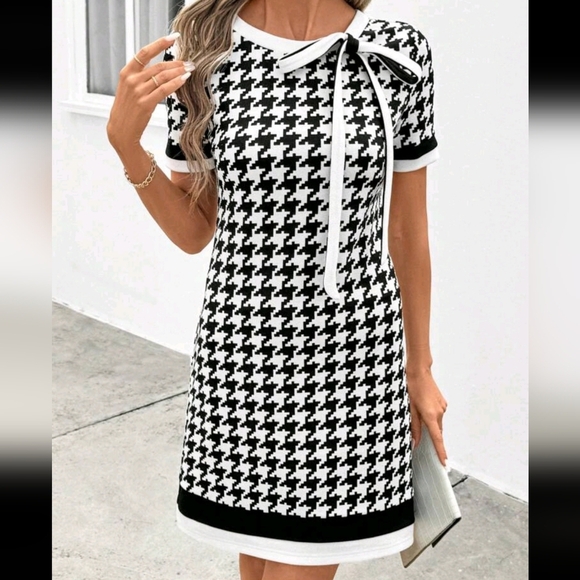 Women Asymmetrical Neck Color Block Houndstooth Print H-Line Dress - Picture 3 of 4